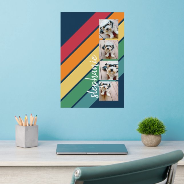4 Photo Retro stripe pattern rainbow script name Wall Decal (Home Office 2)