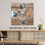 4 Photo Rustic Barn Wood Love You Nana Grandkids  Square Wall Clock<br><div class="desc">Rustic Wood Farmhouse Wall Clock - Farmhouse style wall clocks for the perfect addition to give your kitchen a country decor look.The  barn wood clock is personalized with 4 photos and loving message for grandma and grandchildren names.</div>