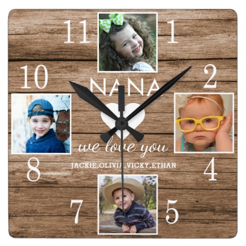  4 Photo Rustic Barn Wood Love You Nana Grandkids  Square Wall Clock