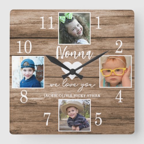 4 Photo Rustic Barn Wood Love You Nonna Grandkids  Square Wall Clock