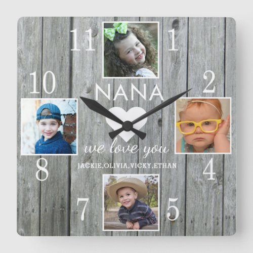  4 Photo Rustic Gray Wood Love You Nana Grandkids Square Wall Clock