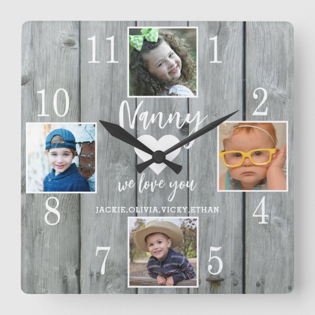 4 Photo Rustic Gray Wood Love You Nanny Grandkids Square Wall Clock (Front)