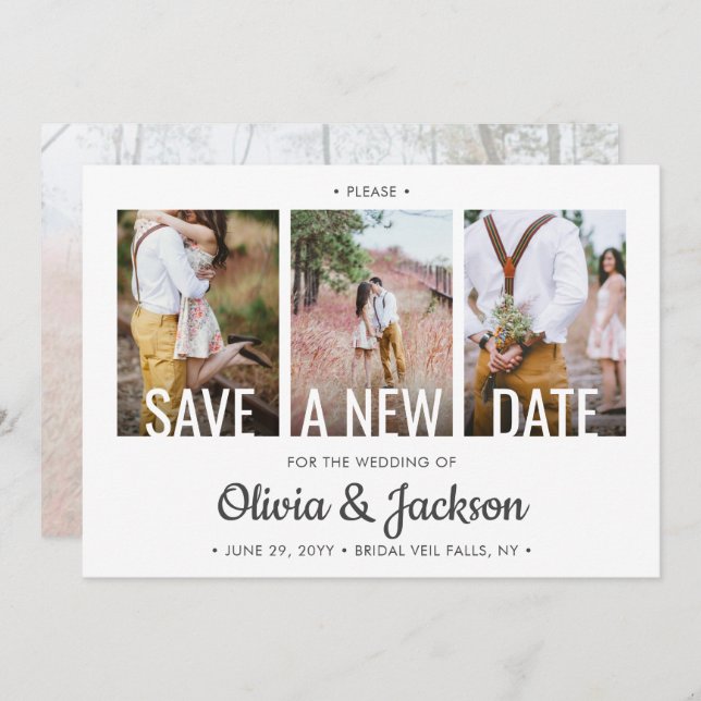 4 Photo Simple Modern Wedding Postponement Change Save The Date (Front/Back)