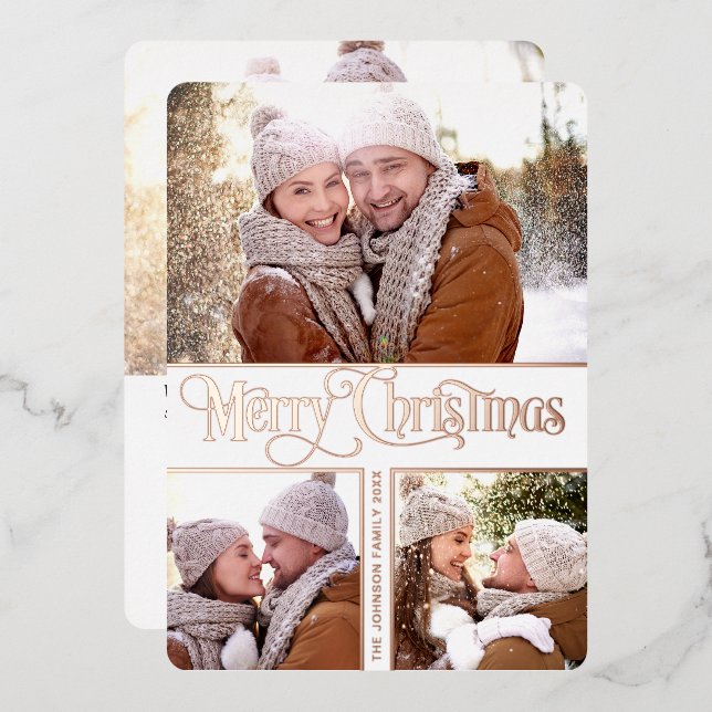 4 PHOTO Simply Elegant Sparkle Christmas Rose Gold Foil Holiday Card (Front/Back)