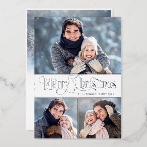4 PHOTO Simply Elegant Sparkle Christmas Silver Foil Holiday Card