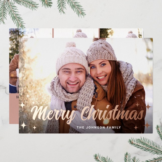 4 PHOTO Sparkle Christmas Greeting Rose Gold Foil Holiday Card (Creator Uploaded)
