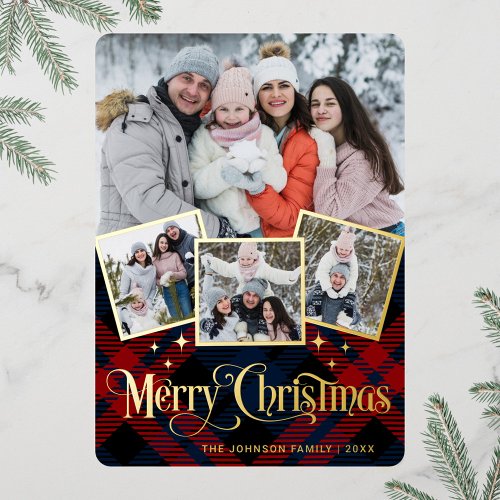 4 PHOTO Sparkle Merry Christmas Greeting Gold Foil Holiday Card