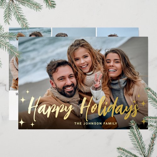 4 PHOTO Sparkle Merry Christmas Greeting Gold Foil Holiday Card