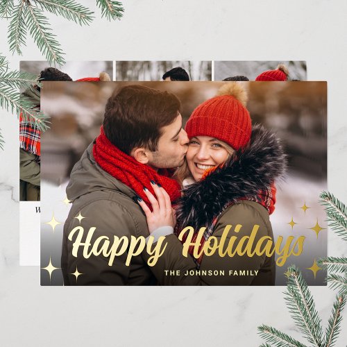 4 PHOTO Sparkle Merry Christmas Greeting Gold Foil Holiday Card