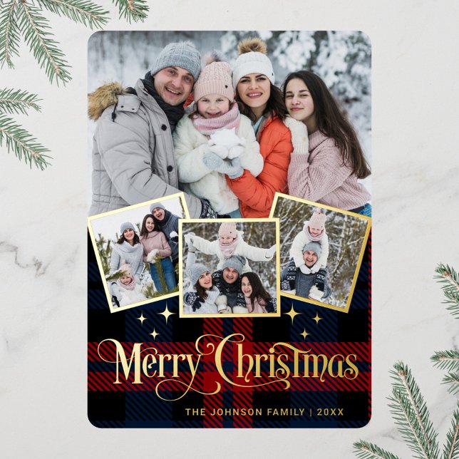 4 PHOTO Sparkle Merry Christmas Greeting Gold Foil Holiday Card (Creator Uploaded)