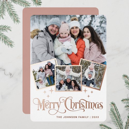 4 PHOTO Sparkle Merry Christmas Greeting Gold Foil Holiday Card
