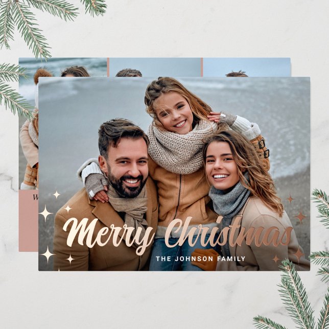 4 PHOTO Sparkle Merry Christmas Greeting Rose Foil Holiday Card (Creator Uploaded)