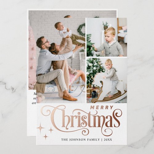 4 PHOTO Sparkle Merry Christmas Greeting Rose Gold Foil Holiday Card