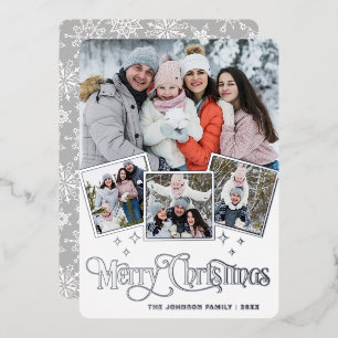 4 PHOTO Sparkle Merry Christmas Greeting Silver Foil Holiday Card