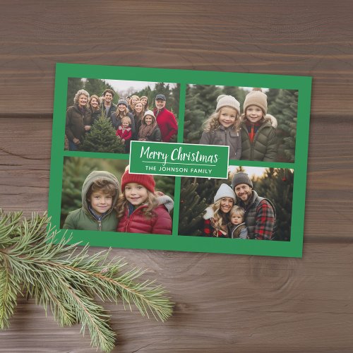 4 Photo Traditional Christmas Stripes green Holiday Card