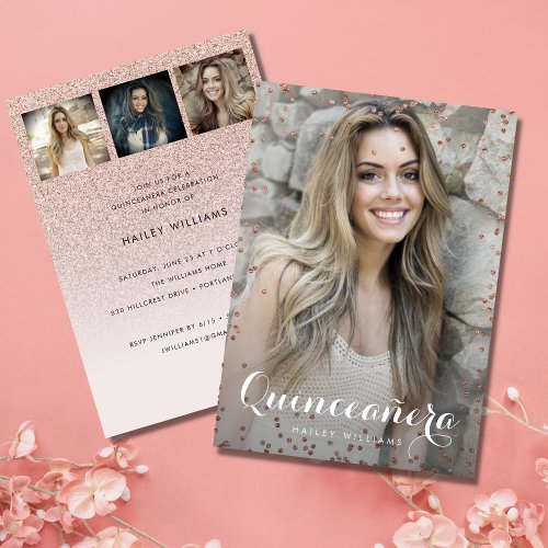 4 Photo Trendy Pink Quinceaera Sweet 15 Party Invitation