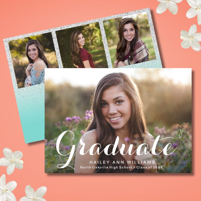 4 Photo Trendy Teal Blue Chic Graduation Party Invitation (Teal Blue Graduation Invitation)