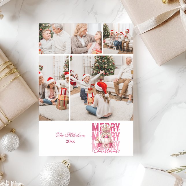 4 Photo Vintage Pink Nutcracker Christmas  Holiday Card (Creator Uploaded)