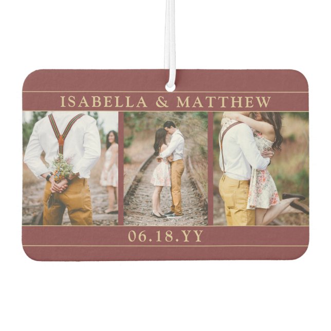 4 Photo Wedding Collage Burgundy Red & Gold Heart Air Freshener (Front)