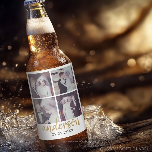 4 Photo Wedding Collage Handwritten Last Name Beer Bottle Label (Custom Party Beer Label - Wedding Anniversary)