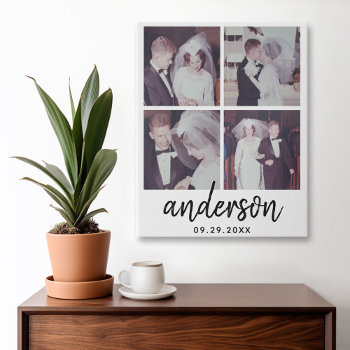 4 Photo Wedding Collage Handwritten Last Name Faux Canvas Print by JustWeddings at Zazzle