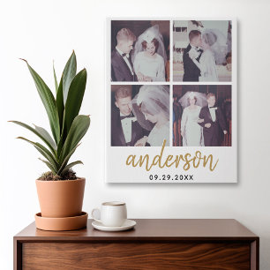 4 Photo Wedding Collage Handwritten Last Name Faux Canvas Print