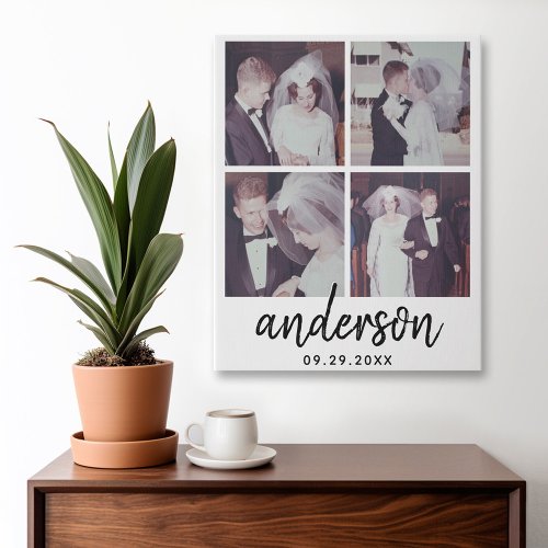 4 Photo Wedding Collage Handwritten Last Name Faux Canvas Print