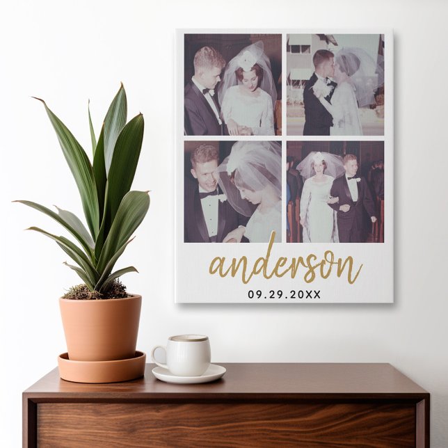 4 Photo Wedding Collage Handwritten Last Name Faux Canvas Print (Wedding Collage - Personalized Wall Art)