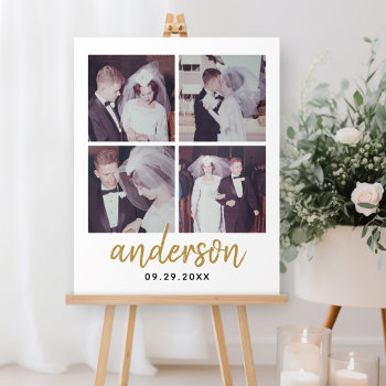 4 Photo Wedding Collage Handwritten Last Name Foam Board by JustWeddings at Zazzle