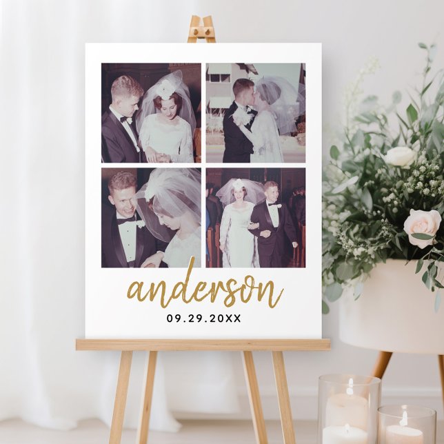 4 Photo Wedding Collage Handwritten Last Name Foam Board (Personalized wedding anniversary sign - can also be used as wedding welcome sign - 4 photos)