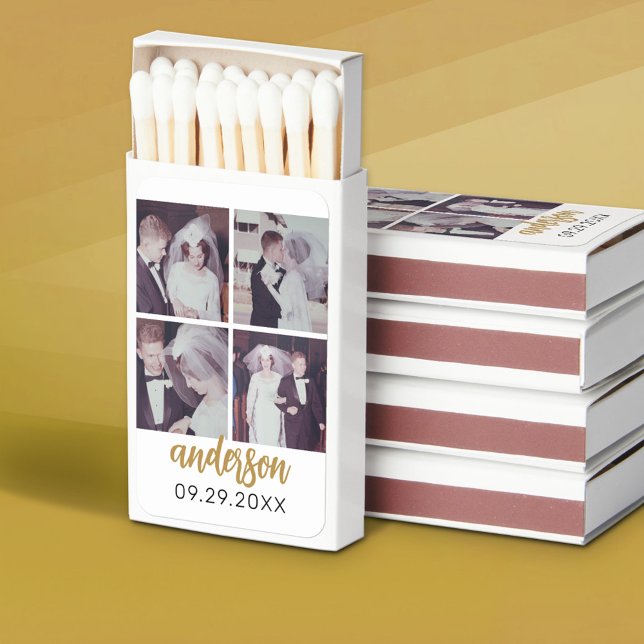 4 Photo Wedding Collage Handwritten Last Name Matchboxes (Custom Matchbox with Photo and Text - Wedding Anniversary Reception Favor)