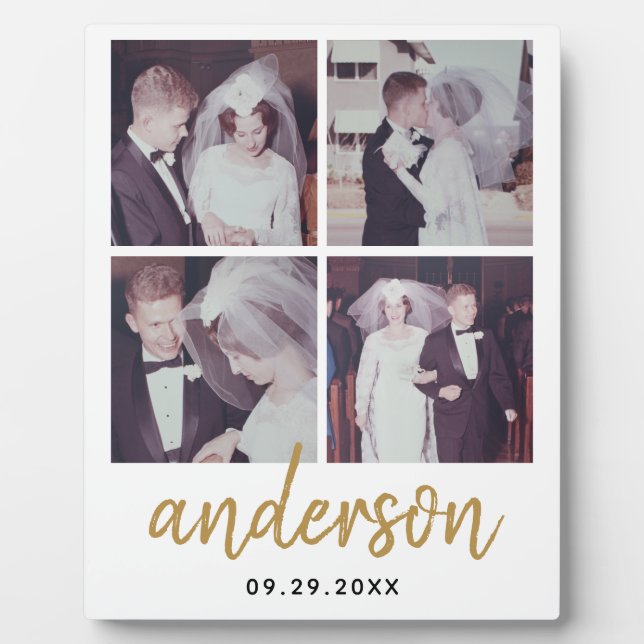 4 Photo Wedding Collage Handwritten Name Plaque (Front)