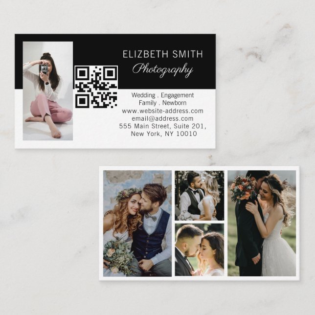 4 Photo Wedding Collage Photographer QR Code  Business Card (Front/Back)
