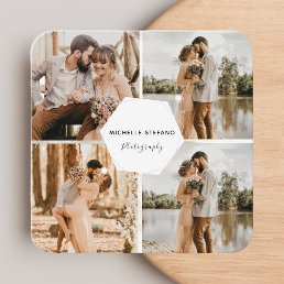 4 Photo Wedding Collage Photographer QR Code Frame Square Business Card