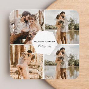 4 Photo Wedding Collage Photographer QR Code Frame Square Business Card