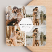 4 Photo Wedding Collage Photographer Qr Code Frame Square Business Card at Zazzle