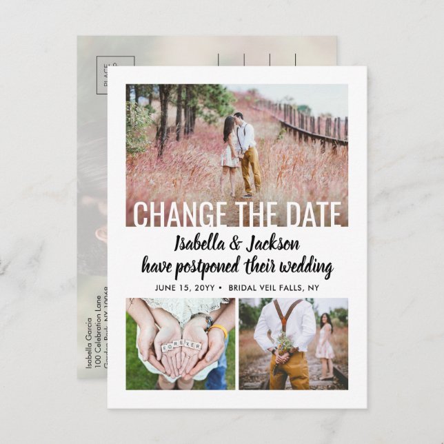 4 Photo Wedding Postponement | Save the New Date Announcement Postcard (Front/Back)