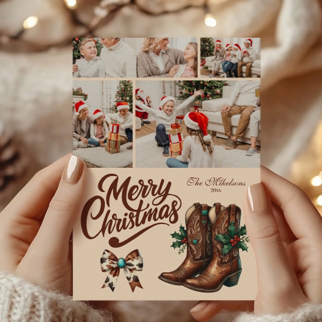 4 Photo Western Bow & Boots Christmas Holiday Card (Creator Uploaded)