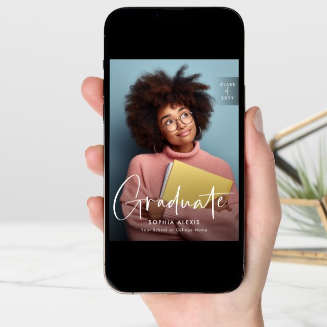 4 Photo White Overlay Elegant Script Graduation Announcement (Front Digital)