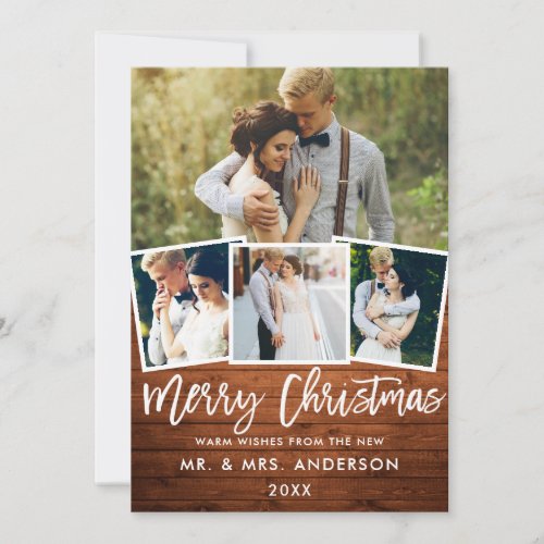 4 Photo Wood Brush Script Wedding Christmas Holiday Card