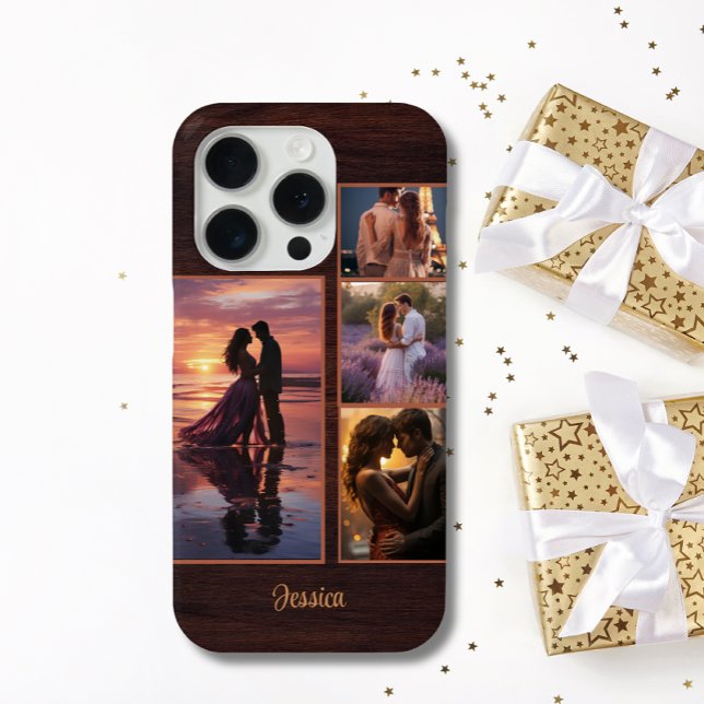 4 Photo Wood Grain Timber Personalized Name Phone  Case-Mate iPhone Case (Creator Uploaded)