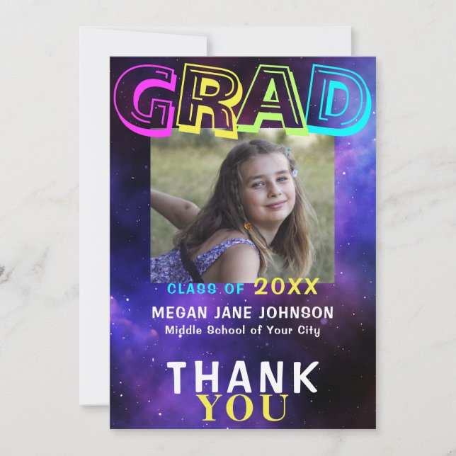 4 Photos 8th grade graduate class of year neon Thank You Card (Front)