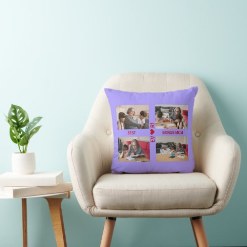 4 Photos Best Bonus Mom Ever Heart Photo Collage  Throw Pillow