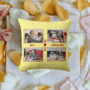4 Photos Best Bonus Mom Ever Heart Photo Collage Throw Pillow