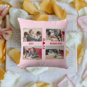 4 Photos Best Bonus Mom Ever Heart Photo Collage Throw Pillow