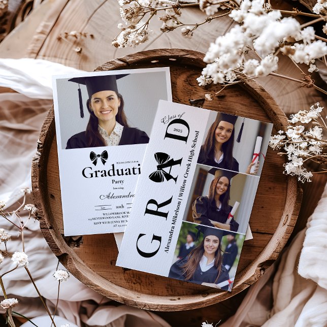 4 Photos Black Bow Graduation Party  Invitation (Creator Uploaded)