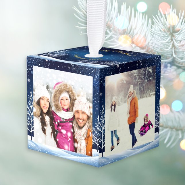 4 Photos Blue Night Sky Snowfall Merry Christmas Cube Ornament (A Christmas tree decoration to personalize with 4 photos, with dark blue winter background)