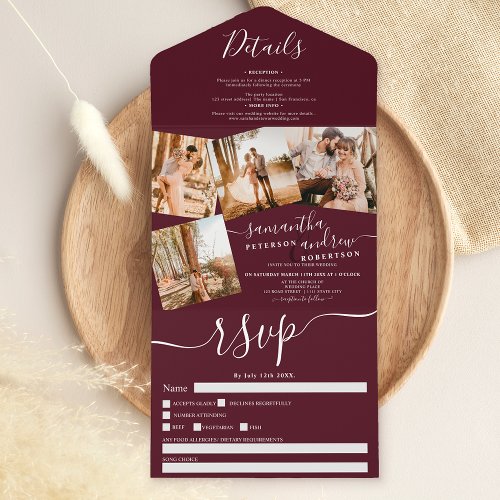 4 Photos burgundy modern script wedding All In One Invitation