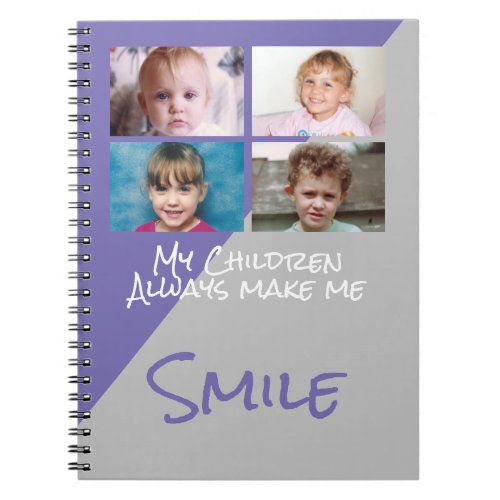 4 photos children make me smile purple grey notebook