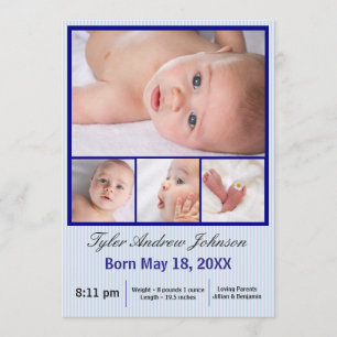 4 Photos Collage Blue Stripes - Birth Announcement